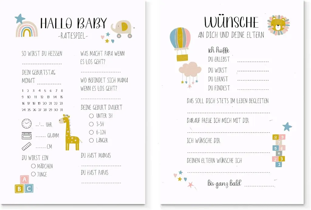 25x Babyshower Ratespiel Karten zum Ausfüllen